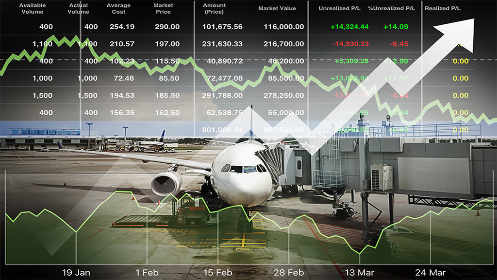 immagine di un aereo sulla pista con un grafico che rappresenta una serie temporale