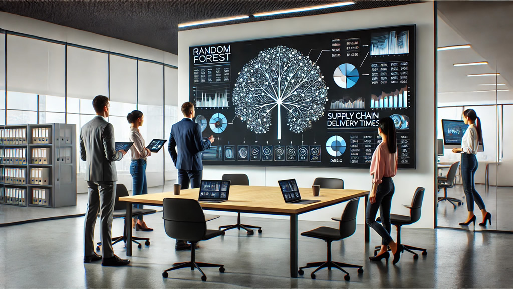 Ufficio moderno con professionisti che analizzano dati su un grande schermo digitale. Lo schermo presenta un diagramma di Random Forest con nodi e rami, accompagnato da grafici che mostrano i tempi di consegna della supply chain.