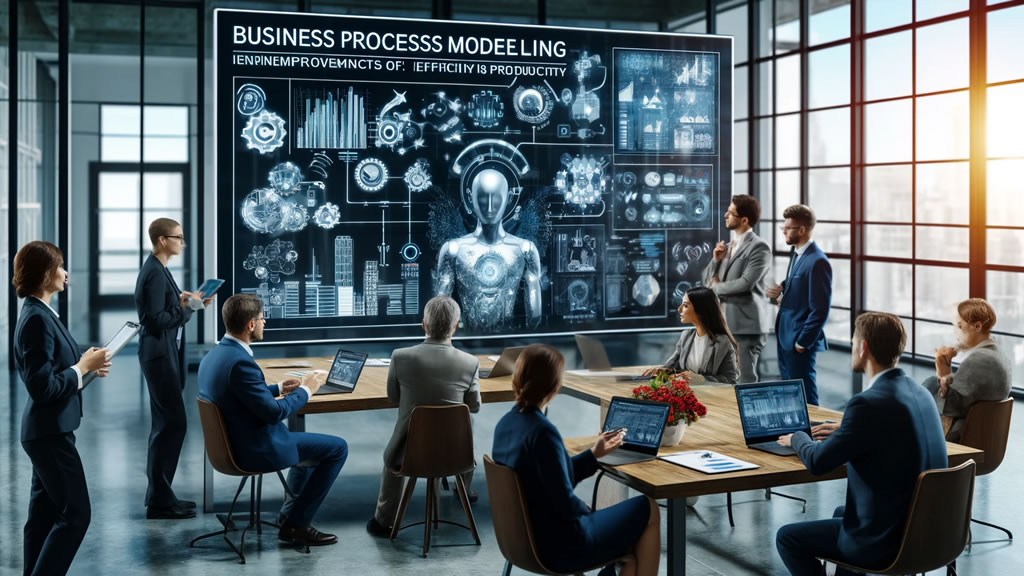 Ambiente aziendale moderno con professionisti che collaborano sulla modellazione dei processi aziendali e l'integrazione dell'intelligenza artificiale.