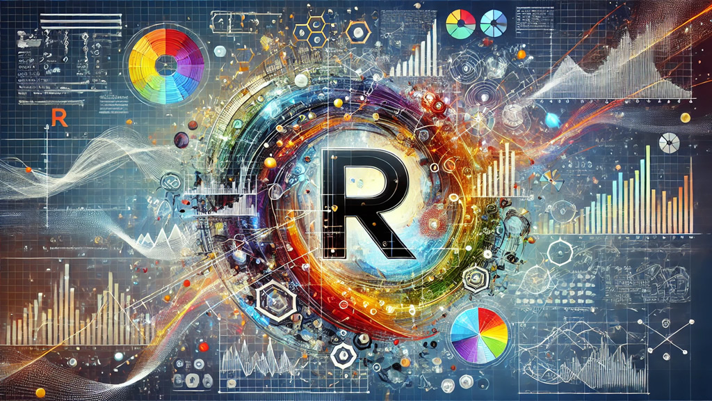 Immagine artistica che rappresenta l'uso del linguaggio di programmazione R nella ricerca scientifica, con il logo di R integrato nel design.