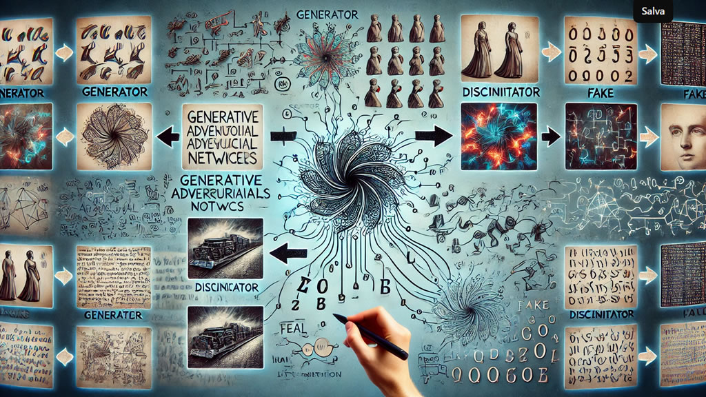 Illustrazione concettuale di una Generative Adversarial Network (GAN) con un modello Generatore e un modello Discriminatore che generano e valutano immagini di cifre scritte a mano.